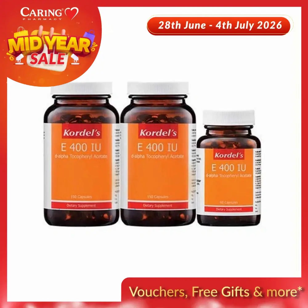 Kordel's Vitamin E 400IU supplements in various sizes for antioxidant support and skin health
