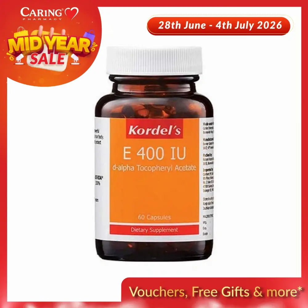 Kordel's Vitamin E 400IU capsules in a brown bottle with a white cap, 60 capsules per bottle
