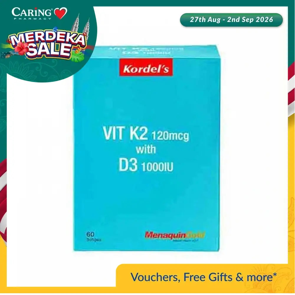 Kordel's Vitamin K2 D3 supplement box containing 60 capsules for bone and heart health support