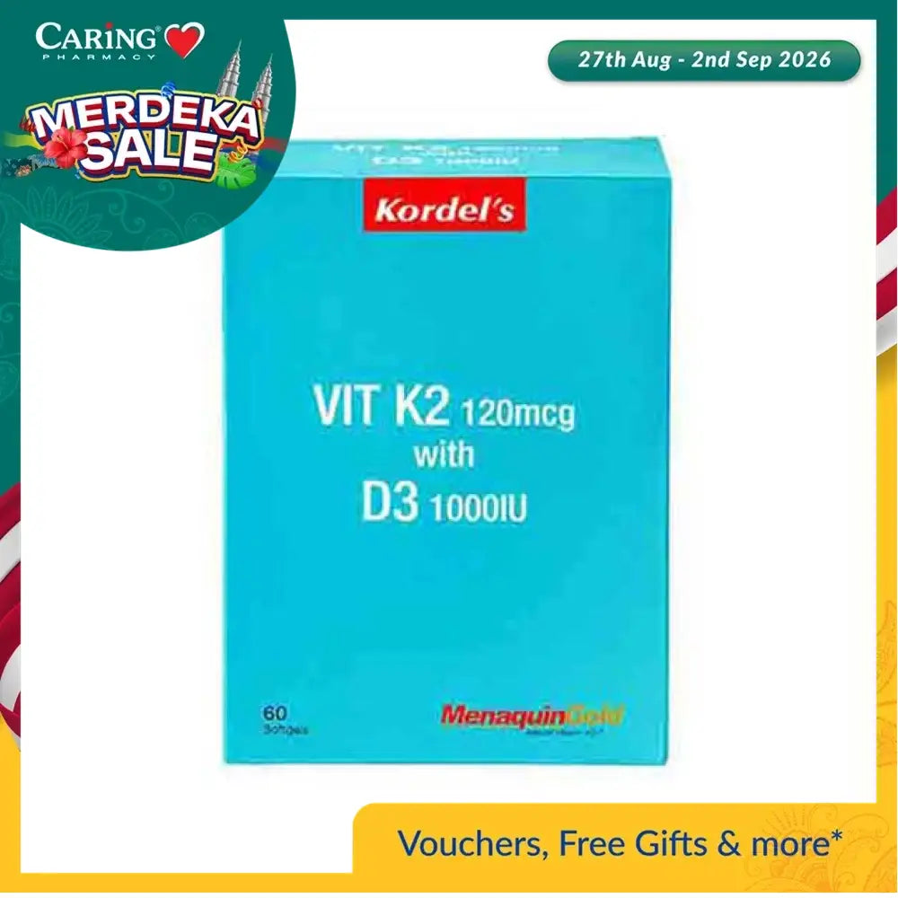 Kordel's Vitamin K2 D3 supplement box containing 60 capsules for bone and heart health support