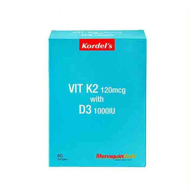 Kordel's Vitamin K2 D3 supplement box containing 60 capsules for bone and heart health support