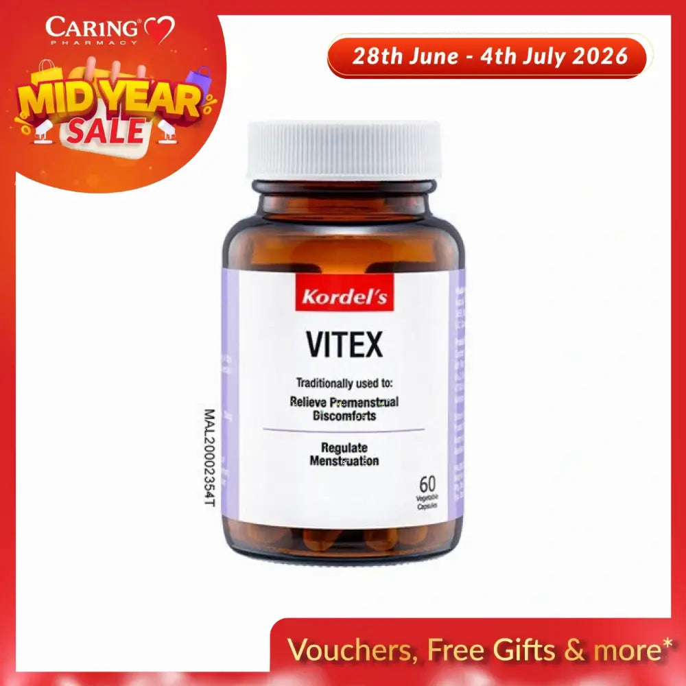 Kordel's Vitex 60 capsules for relieving premenstrual discomforts and regulating menstruation