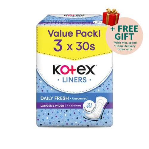KOTEX FRESH PANTYLINER LONGER & WIDER UNSCENTED 17.5CM 30SX3