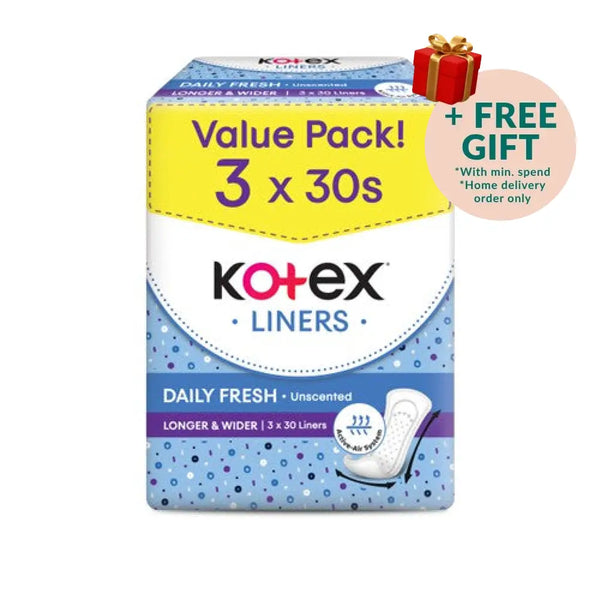 KOTEX FRESH PANTYLINER LONGER & WIDER UNSCENTED 17.5CM 30SX3