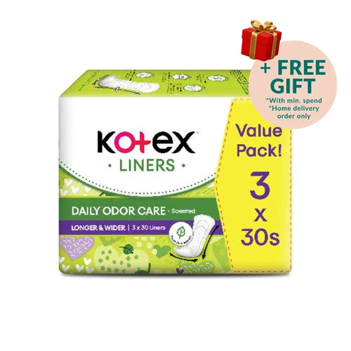 KOTEX PANTYLINER DAILY ODOR CARE LONGER & WIDER SCENTED DAUN SIRIH 17.5CM 30SX3