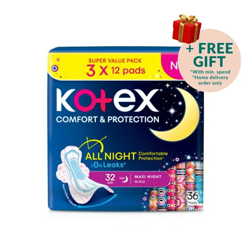 KOTEX SOFT & SMOOTH MAXI NIGHT 5 IN 1 PROTECTION 32CM WING 12SX3