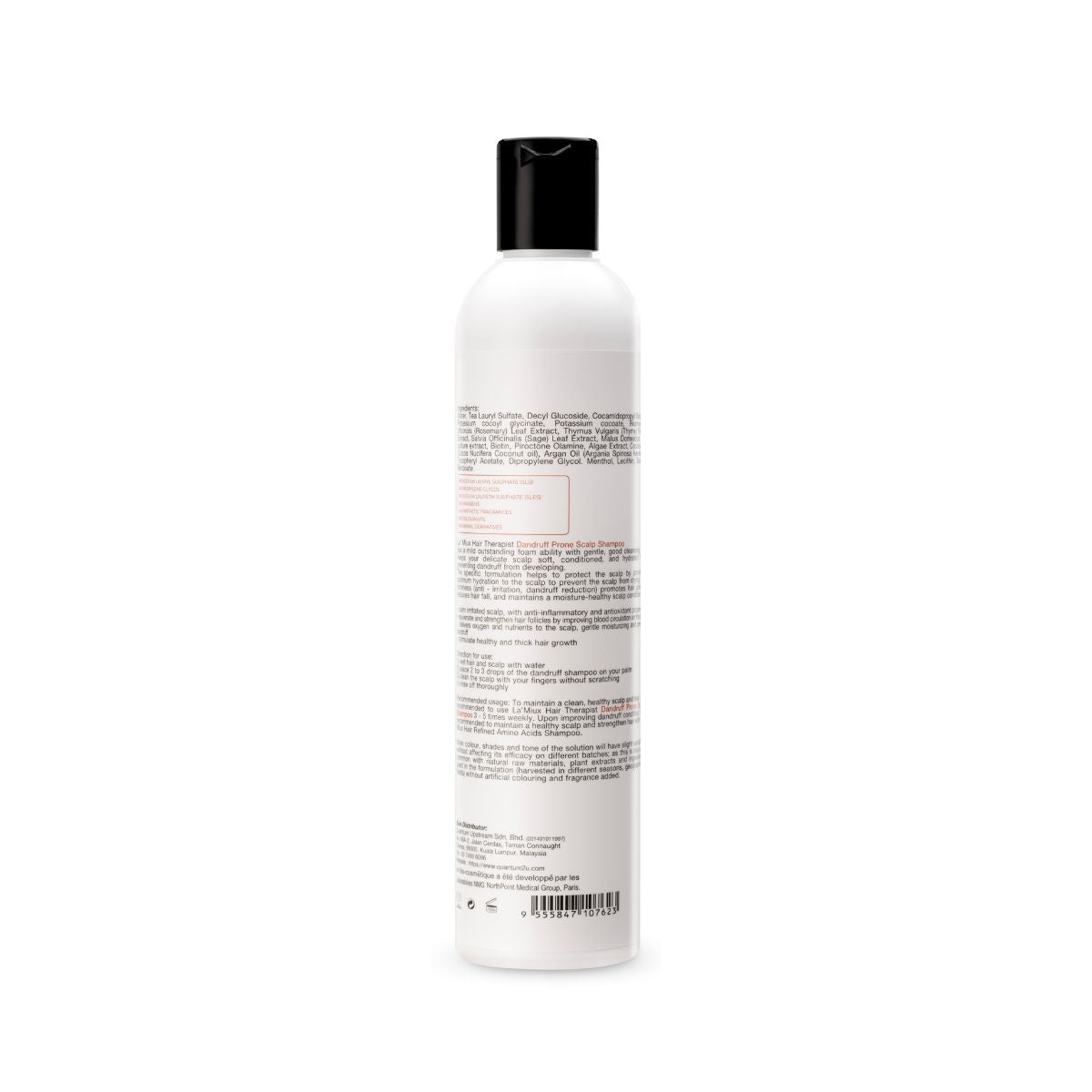 LAMIUX Dandruff Shampoo for Sensitive Scalp in a sleek white bottle with detailed ingredient list
