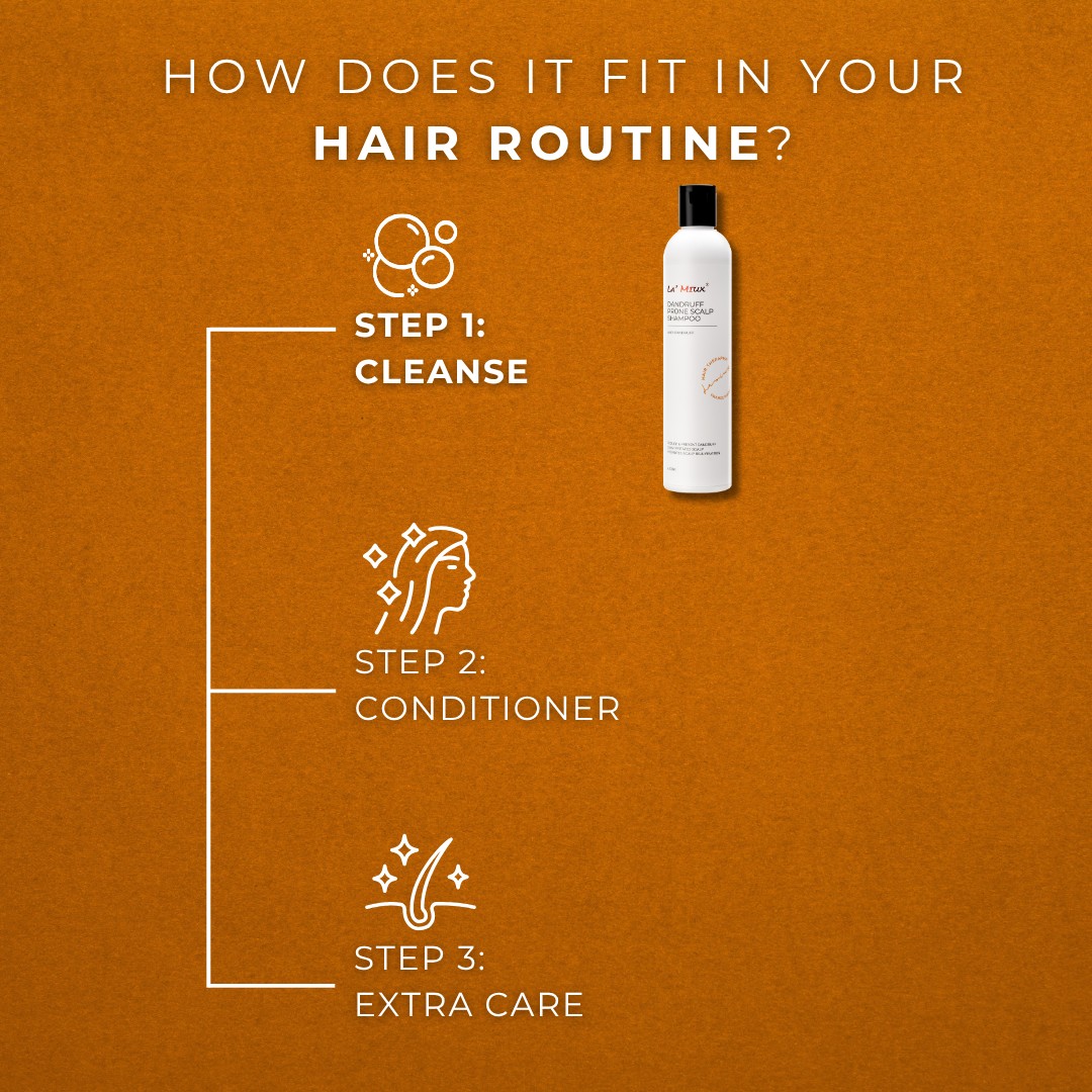 LAMIUX hair care routine featuring dandruff shampoo for sensitive scalp, conditioner, and extra care steps