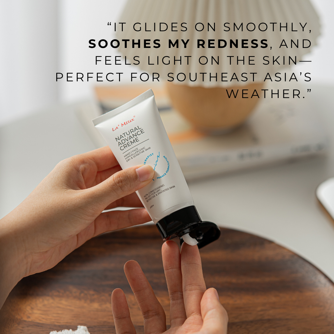 LAMIUX Natural Advance Creme for Sensitive Skin in a hand, ideal for soothing redness and light application