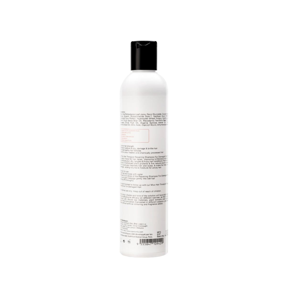 LAMIUX repairing shampoo for damaged hair in a sleek white bottle with black cap and detailed back label