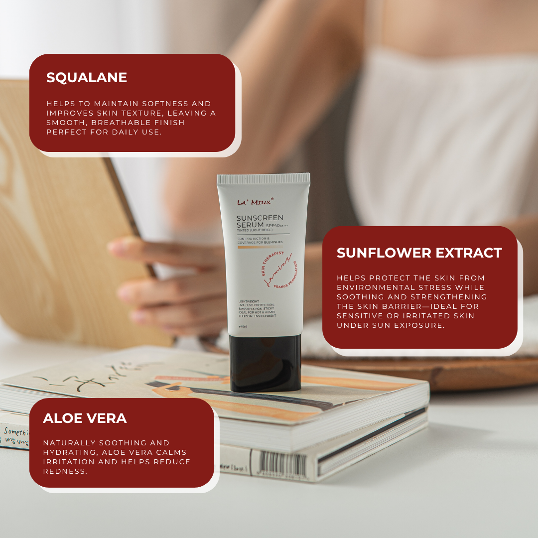 Lamiux sunscreen serum SPF 40 with squalane, sunflower extract, and aloe vera for sensitive skin protection