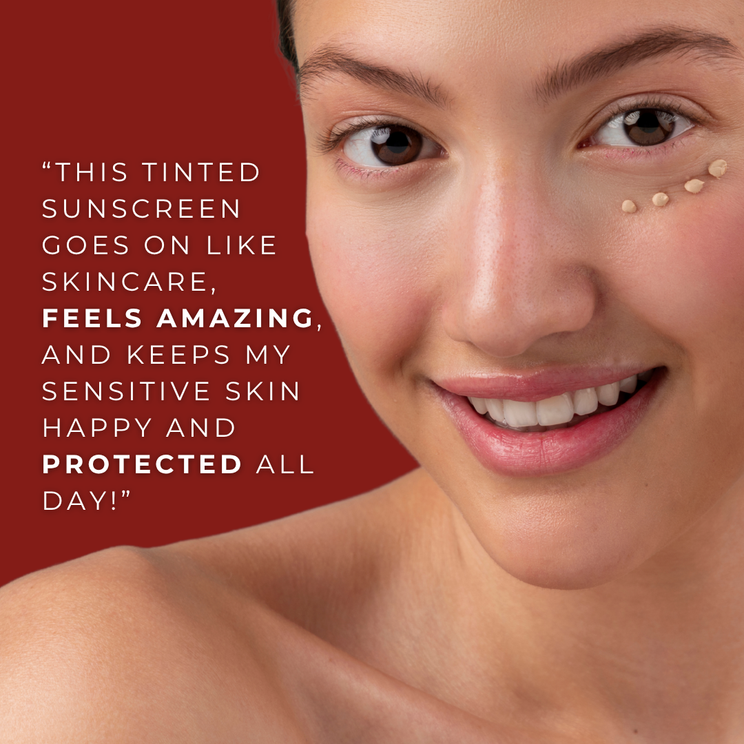 Lamiux sunscreen serum SPF 40 on model's skin displaying its tinted formula for sensitive skin protection