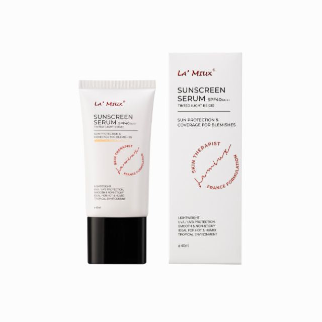 Lamiux sunscreen serum SPF 40 with tinted coverage for blemishes and sun protection in a sleek tube