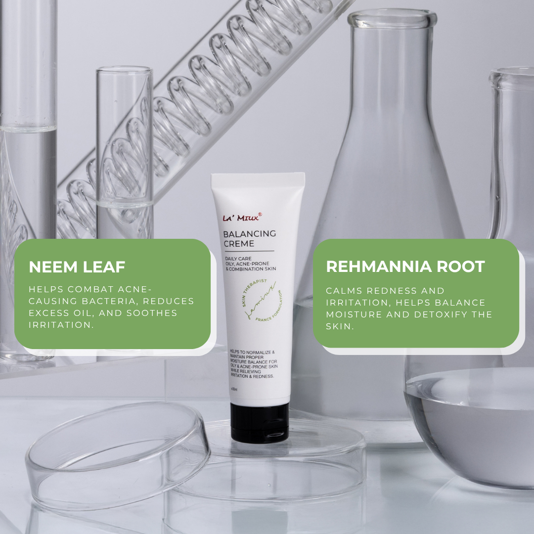 LAMIUX Balancing Cream for oily skin in a tube with ingredients like neem leaf and rehmannia root