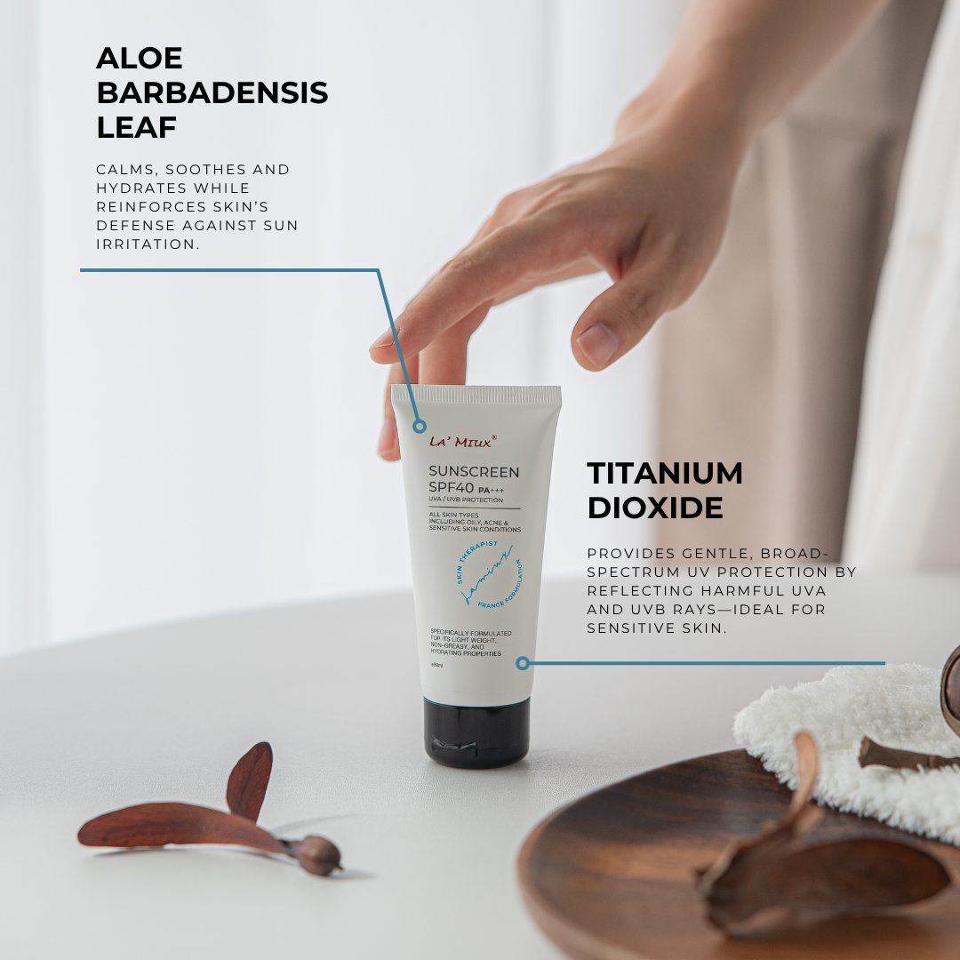 Lamiux sunscreen SPF 40 in a tube with soothing ingredients like aloe and titanium dioxide for UV protection