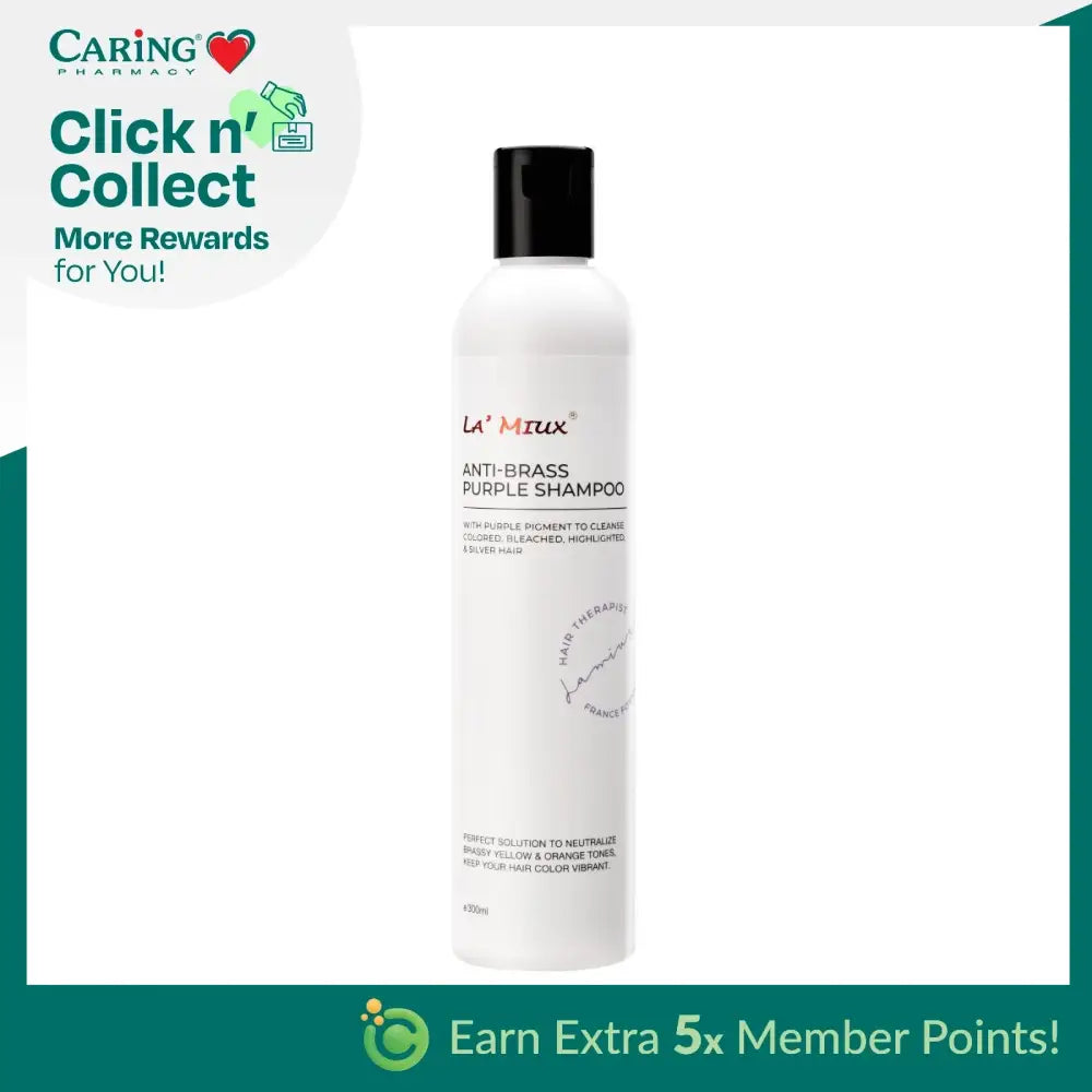 Lamiux anti-brass purple shampoo in a white bottle for neutralizing unwanted brassiness in blonde hair