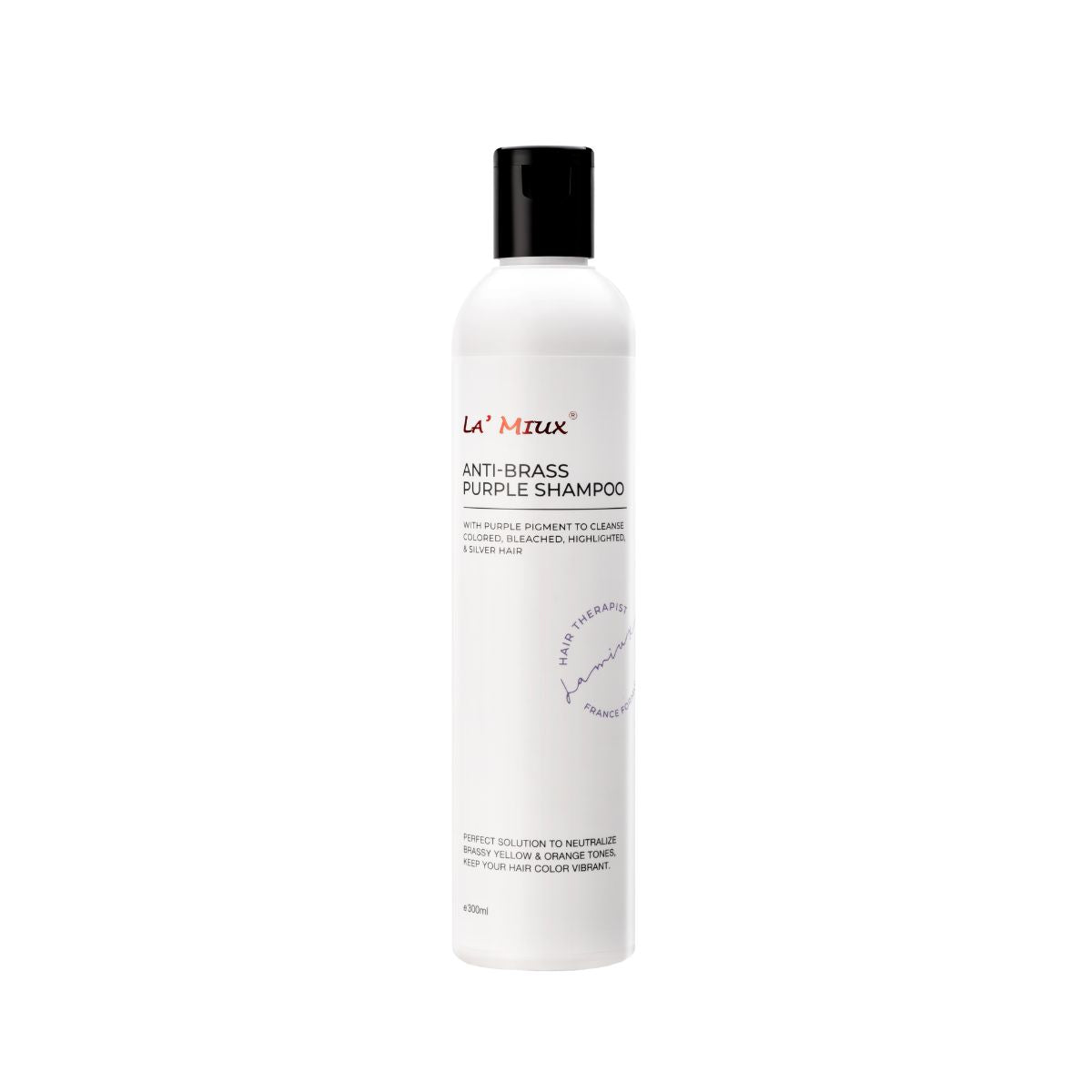 Lamiux anti-brass purple shampoo in a white bottle for neutralizing unwanted brassiness in blonde hair