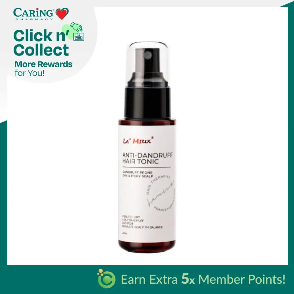 Lamiux anti-dandruff hair tonic in a pump bottle for soothing dry and itchy scalps