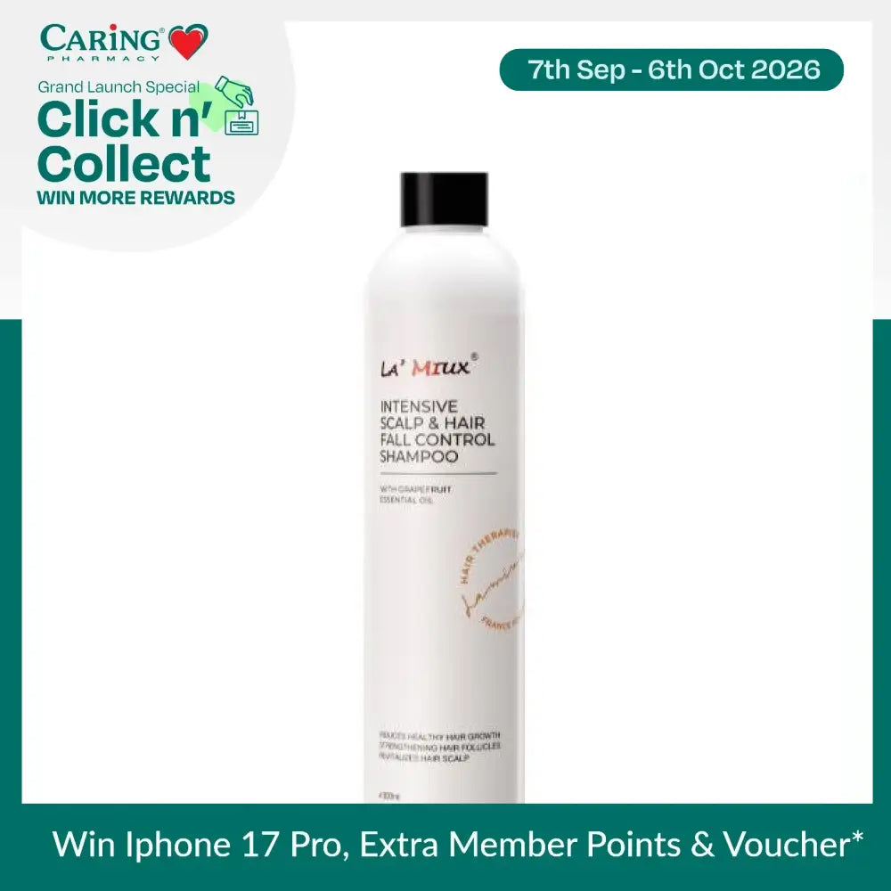 LAMIUX Intensive Scalp & Hair Fall Control Shampoo in a sleek white bottle for effective hair care