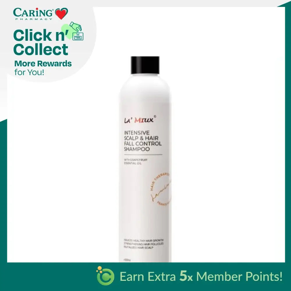LAMIUX Intensive Scalp & Hair Fall Control Shampoo in a sleek white bottle for effective hair care