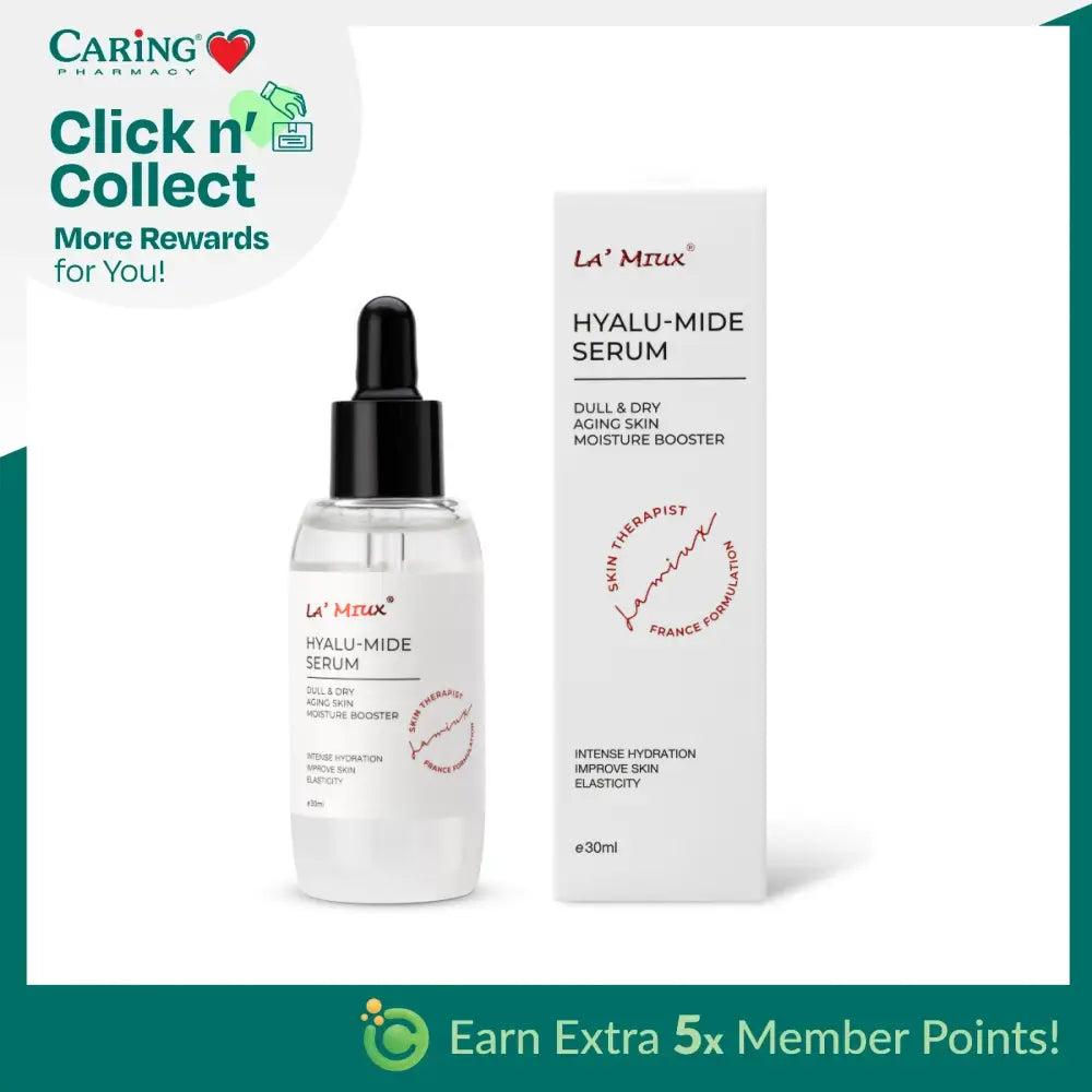 LAMIUX Hyalu-Mide Serum in a clear bottle for intense hydration, ideal hyaluronic acid serum for dry skin