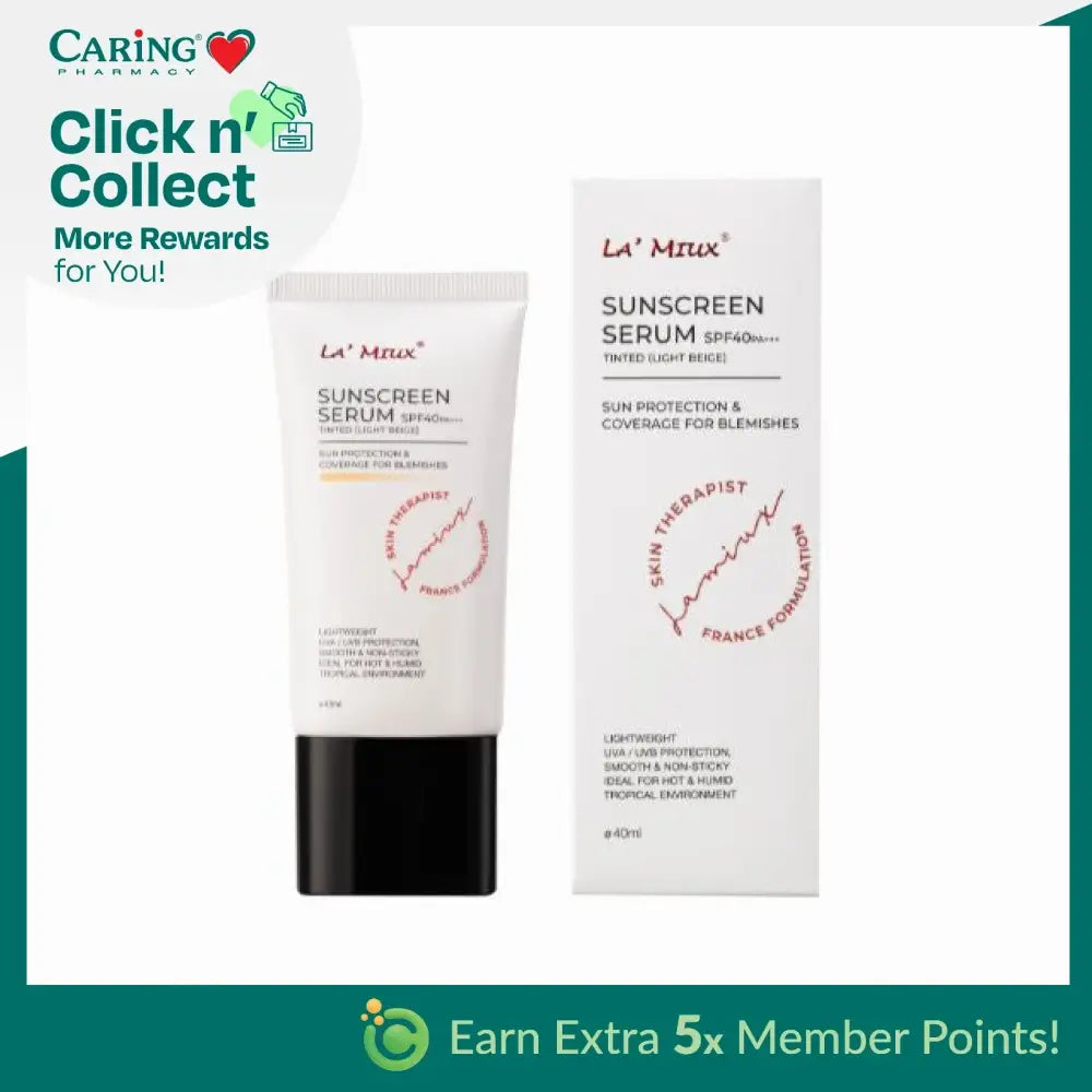 Lamiux sunscreen serum SPF 40 with tinted coverage for blemishes and sun protection in a sleek tube