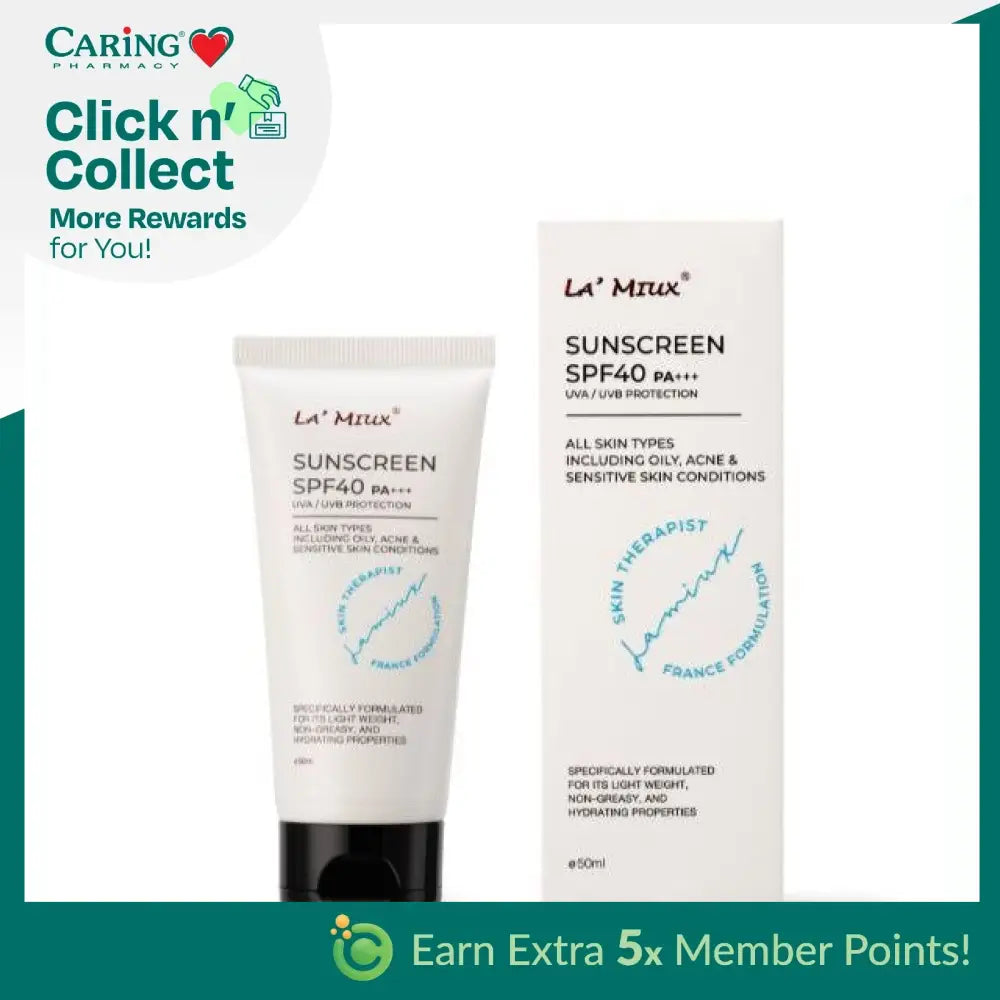 Lamiux sunscreen SPF 40 in a 60ml tube with broad spectrum protection for all skin types