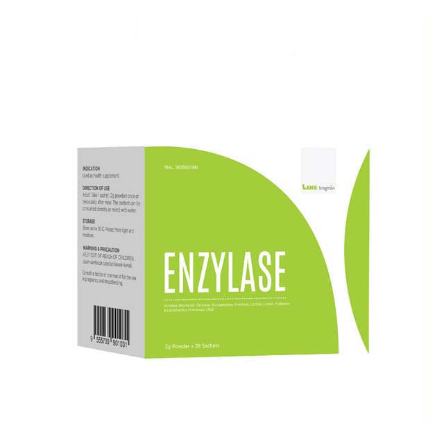 Lang Bragman Enzylase supplement in a box with 28 powder sachets for digestive health