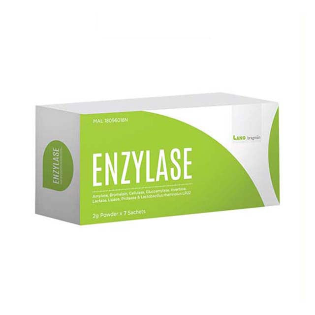 LANG BRAGMAN Enzylase digestive enzyme supplement in box containing 7 sachets of 2g powder