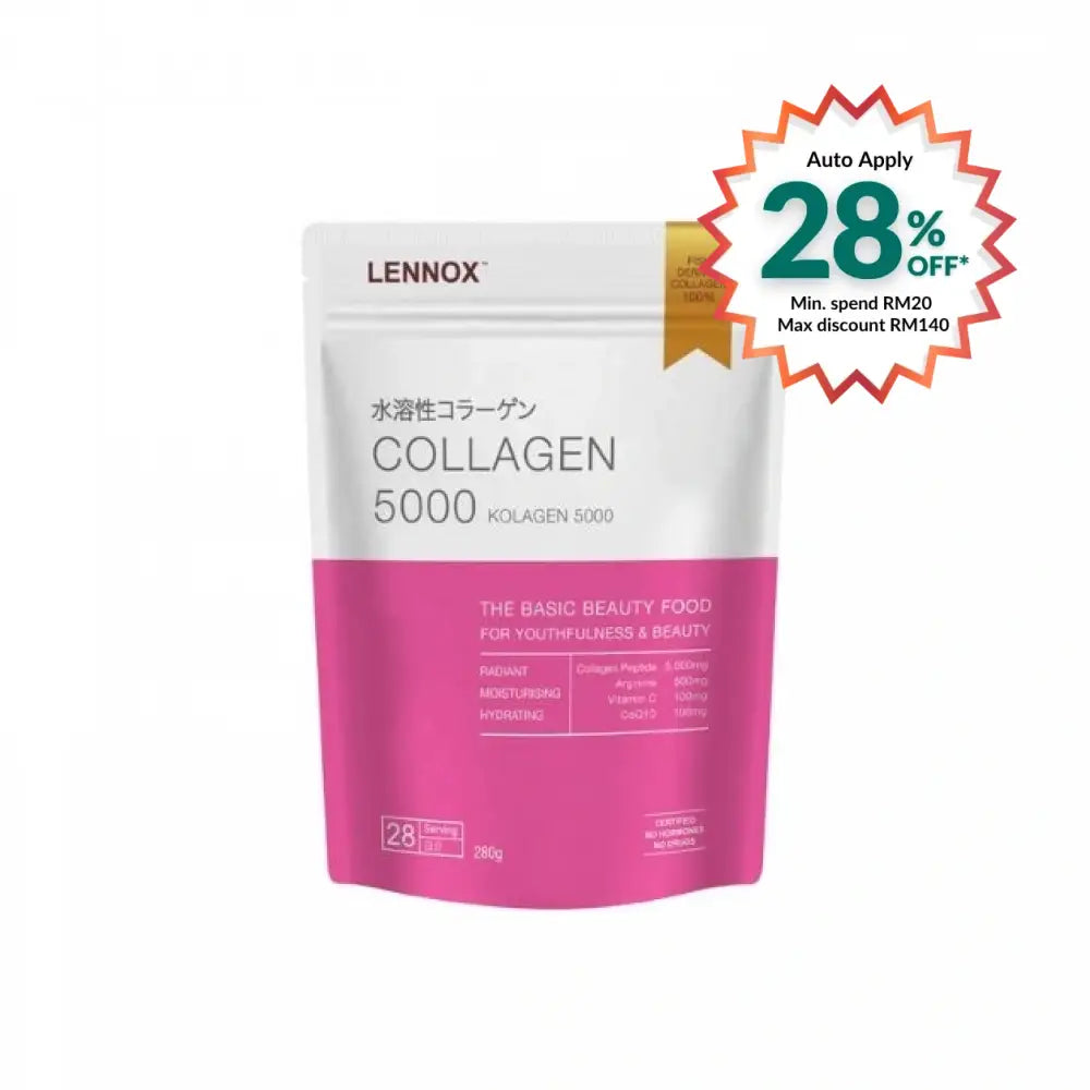 Lennox collagen powder 5000mg in a pink and silver pouch for skin hydration and beauty