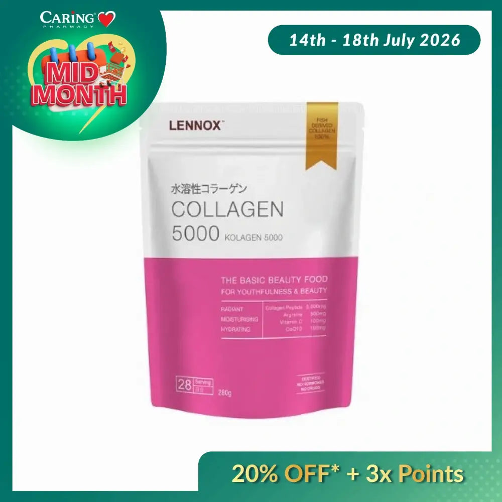 Lennox collagen powder 5000mg in a pink and silver pouch for skin hydration and beauty