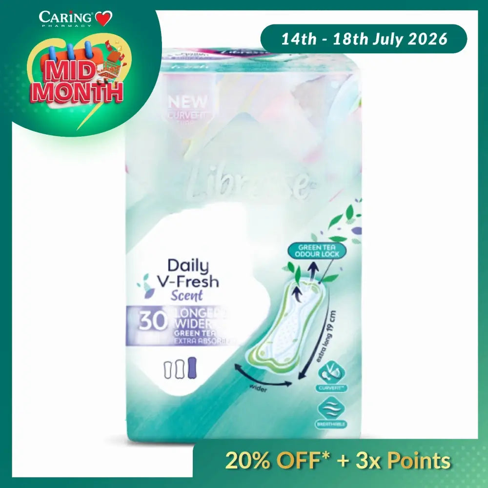 LIBRESSE DAILY V-FRESH SCENT GREEN TEA LONGER & WIDER 19CM PANTYLINER 30S