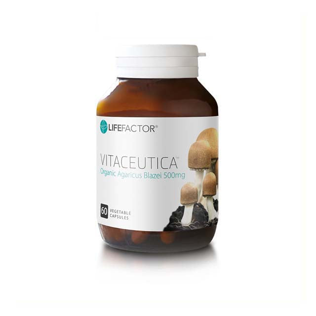 LIFE FACTOR Vitaceutica Organic Agaricus Blazei Mushroom Supplement 500mg in a bottle with 60 vegetable capsules