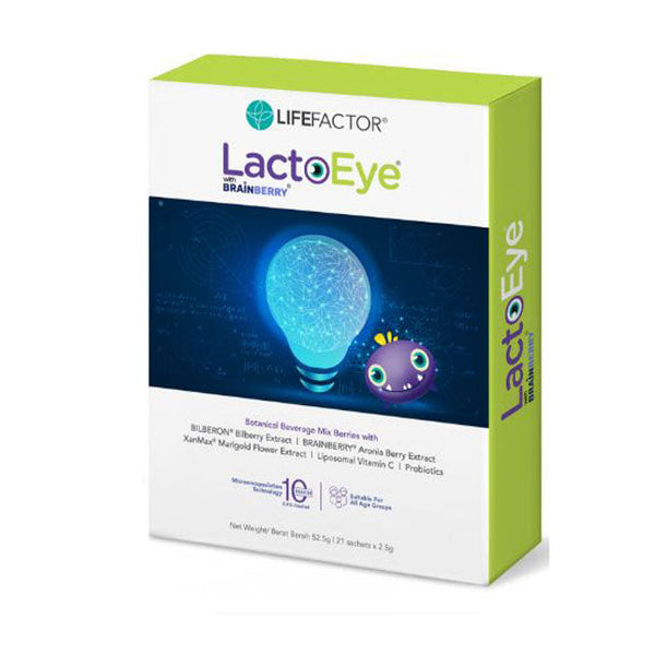LIFE FACTOR LactEye supplement for eye health in a colorful box with blueberry and probiotic benefits
