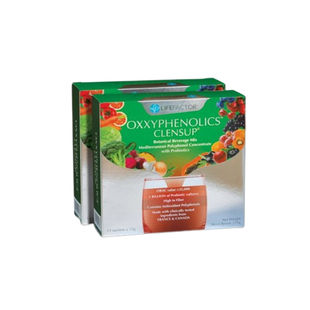 LIFE FACTOR OXXYPHENOLICS CLENSUP supplement box with botanical beverage mix and probiotic benefits