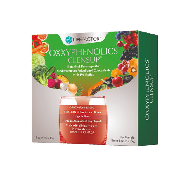 LIFE FACTOR OXXYPHENOLICS CLENSUP probiotic drink mix with antioxidants and fiber in a box of 15 sachets