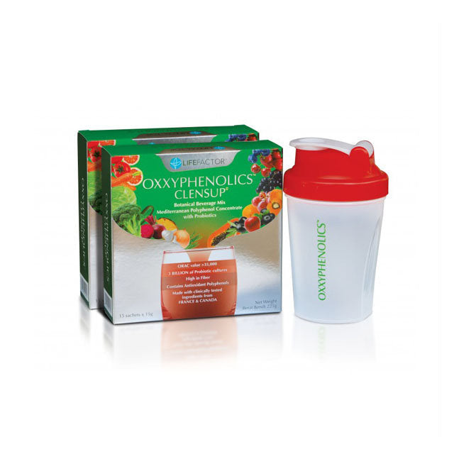 LIFE FACTOR OXXYPHENOLICS Clensup supplement boxes with a shaker cup for healthy beverage mixing