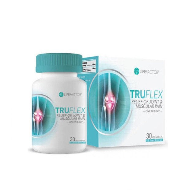 LIFE FACTOR TRUFLEX joint pain relief capsules in a bottle with packaging for muscle and joint support