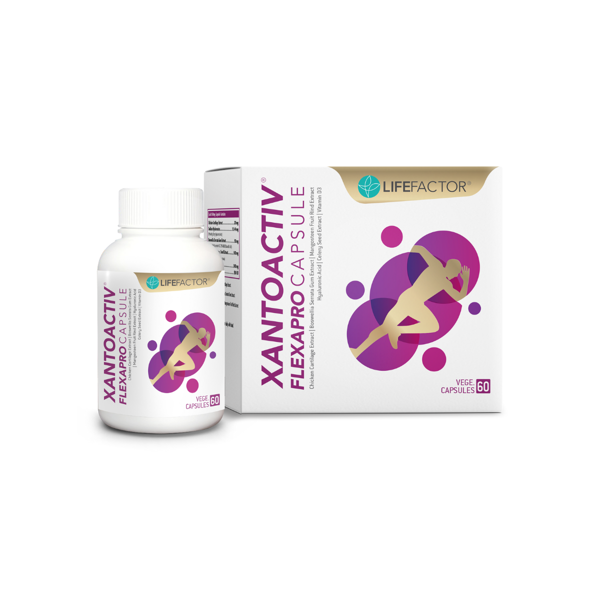 XantoActiv Flexapro capsules Malaysia in a bottle and box, promoting joint health and flexibility