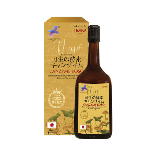 NANO Canzyme Koso enzyme drink with a blend of fruits and vegetables in a sleek bottle