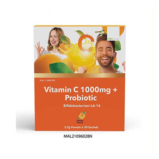 LANG BRAGMAN Vitamin C 1000mg with probiotic supplement in powder form, 30 sachets in orange flavor