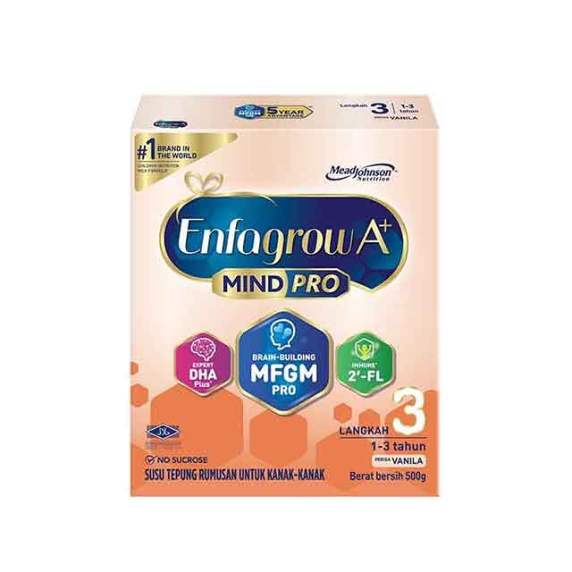 Enfagrow A+ MindPro Step 3 vanilla powder formula for children aged 1-3 years in a 500g package