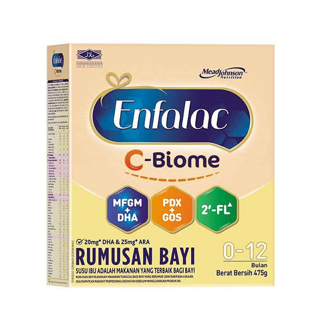 Enfalac C-Biome infant formula 475g pack designed for infants 0-12 months with MFGM and DHA