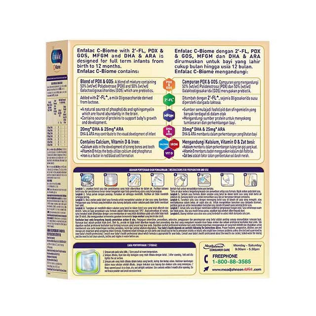Enfalac C-Biome infant formula box with detailed nutritional information and ingredient list