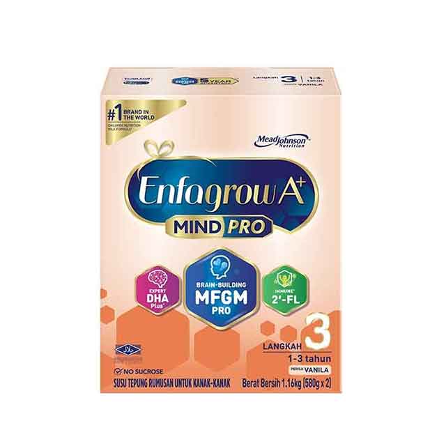 Enfagrow A+ MindPro Step 3 vanilla powdered milk formula for ages 1-3 years, rich in DHA and MFGM.