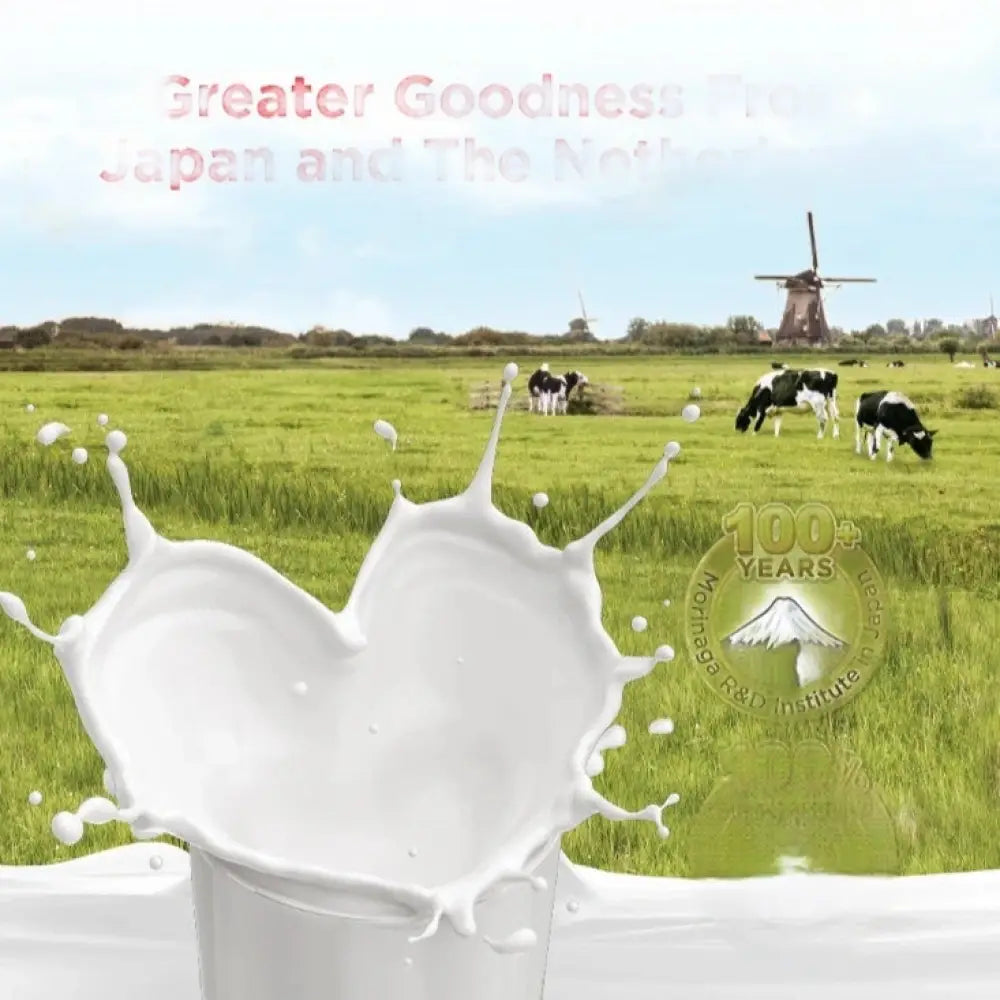 Morinaga Chil-Kid 900g formula milk showcasing rich milk splash and farm backdrop
