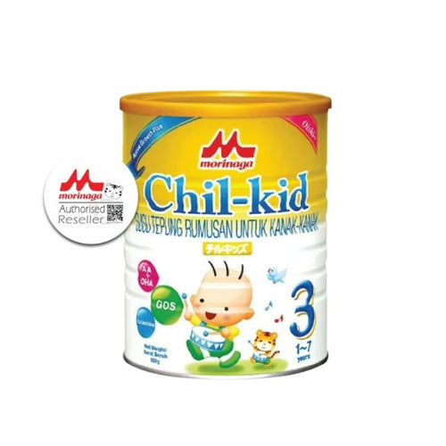 Morinaga Chil-Kid 900g formula milk packaged in a yellow tin with cute animal graphics for children aged 1-7