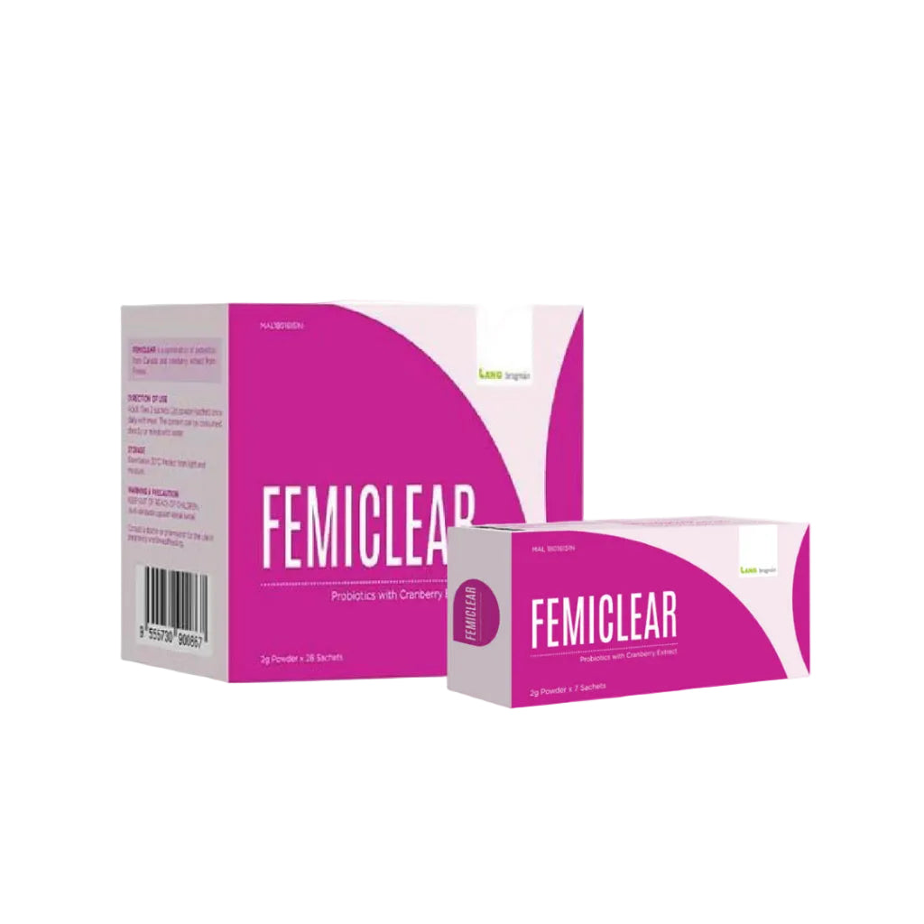 Two boxes of Femiclear with Caring Edan logo on a white background