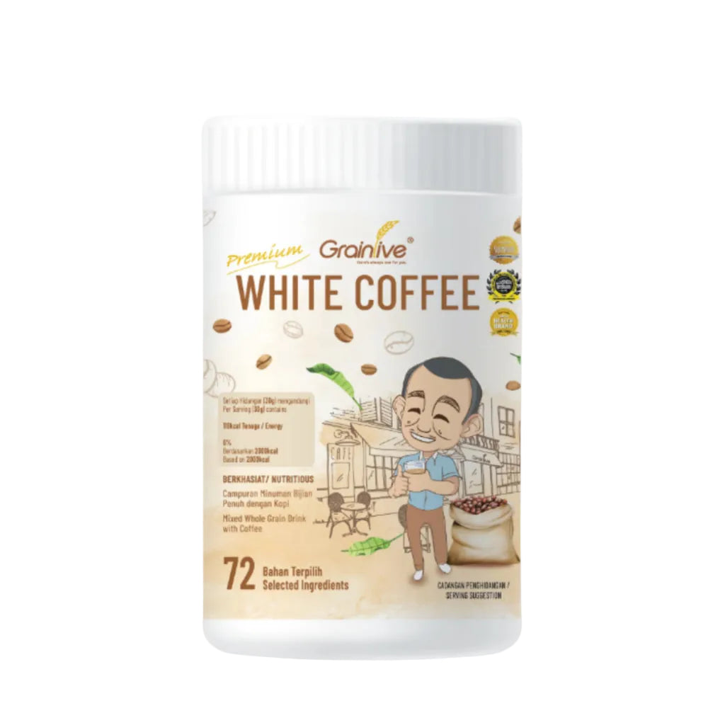 White coffee packaging with a smiling man illustration and 'Caring Store' branding.