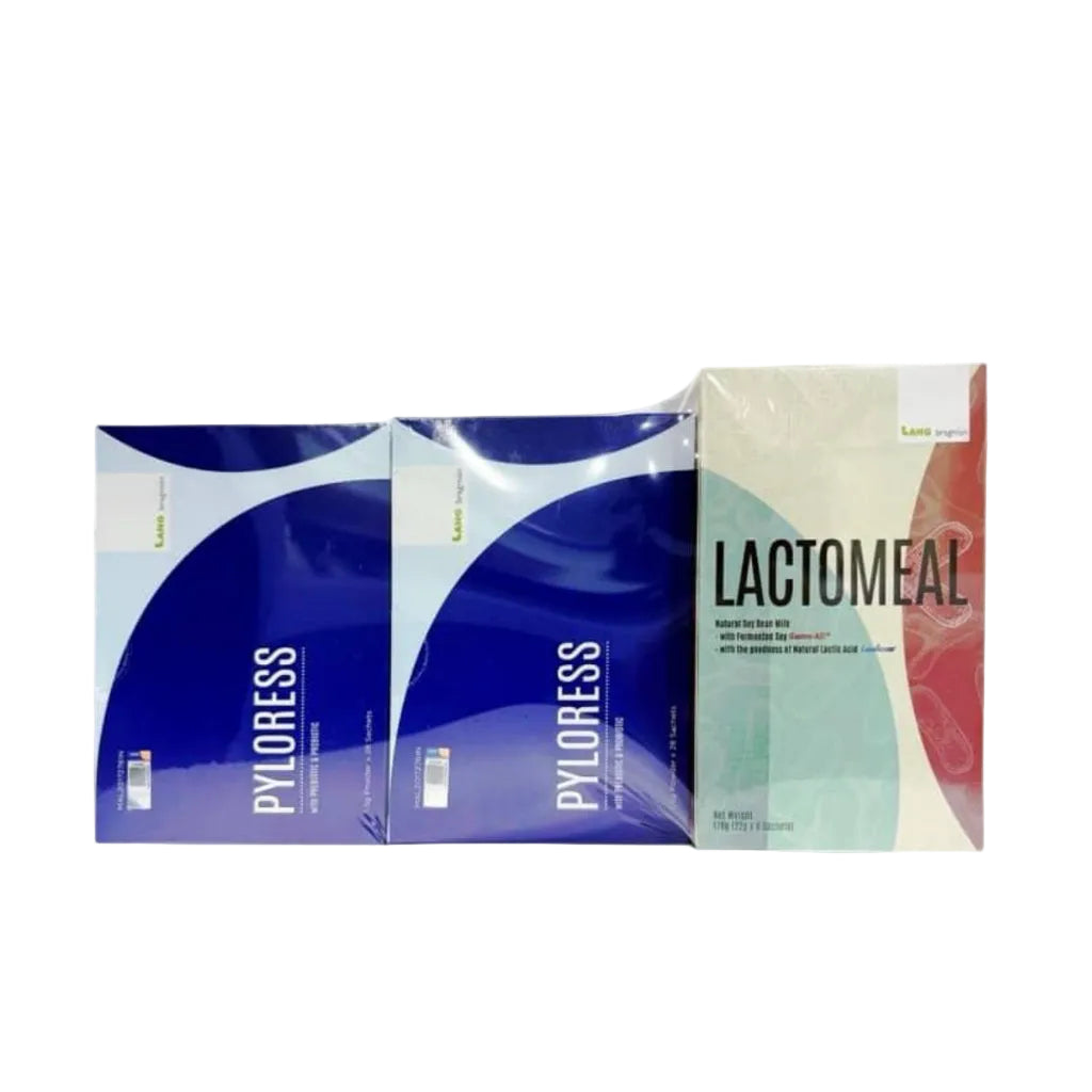 Two packages labeled 'PYLORESS' and 'LACTOMEAL' with 'Caring Edgets' branding on a white background.
